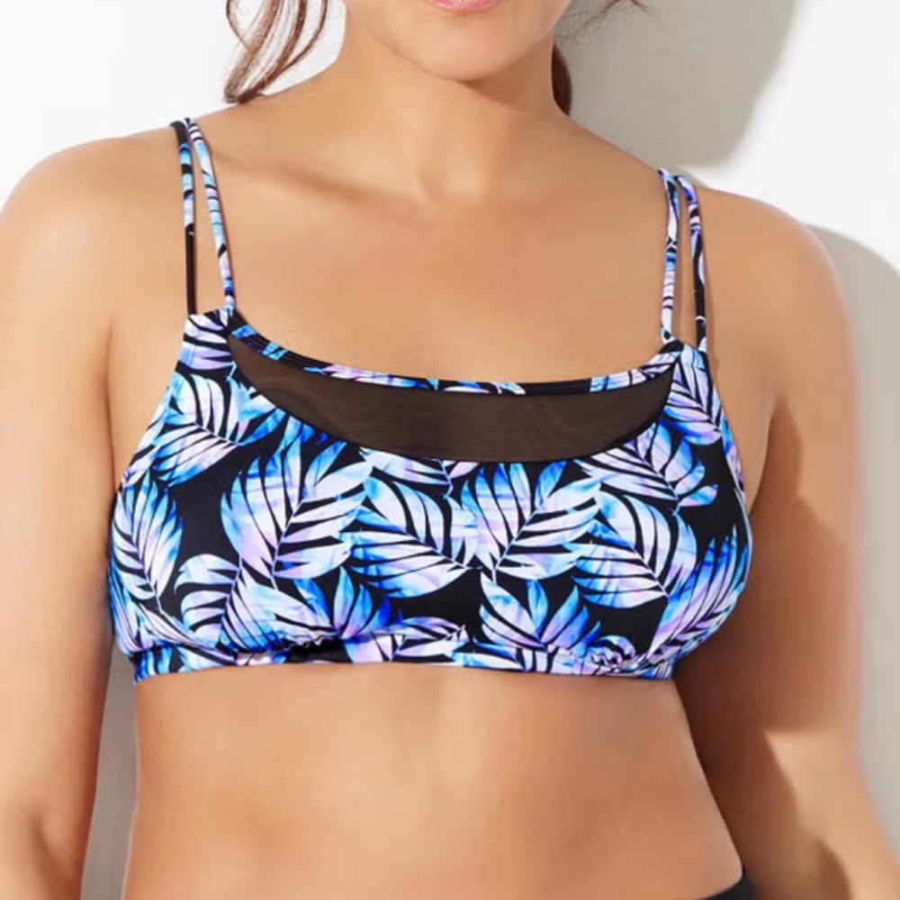 Swimsuits For All Blue Black Tropical Leaf Bikini Top